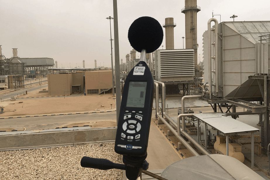 A sound level meter at an industrial site